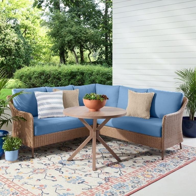 Sectional Dining Set Cream Woven Base Navy Cushions Slatted Table