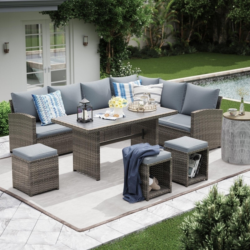 Sectional Outdoor Dining Set: 7-Piece Wicker with Aegean Blue Cushions