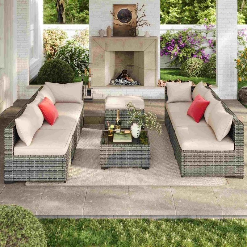 Sectional Outdoor Sofa: 8-Piece Modular Set with Red Cushions & Woven Wicker
