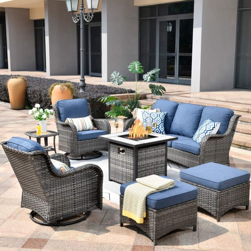 Sectional Patio Set Seven Piece Grouping Blue Olefin Cushions Glass Top.
