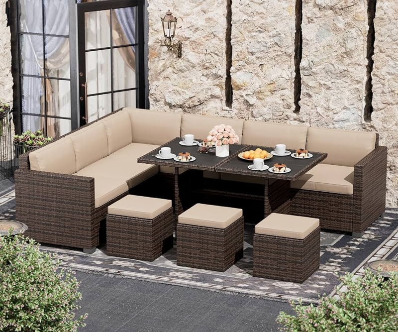Sectional Seating Group 7 Piece Modular PE Rattan Brown Wicker Beige Set
