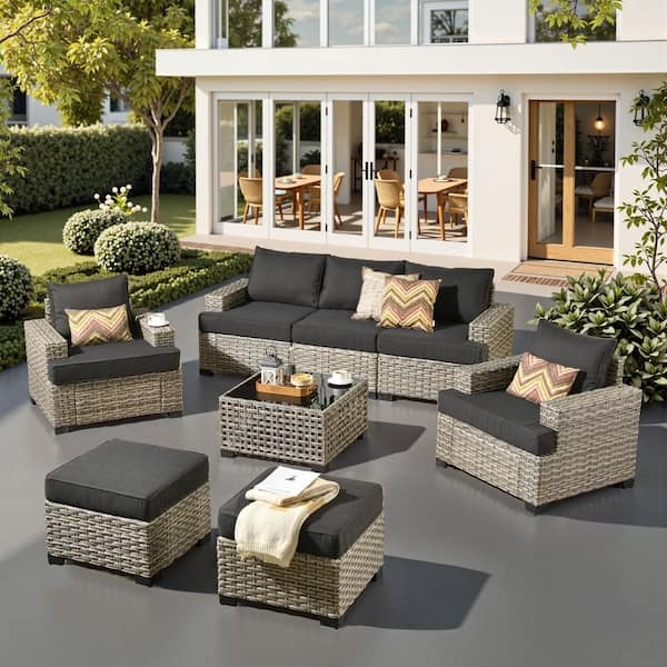 Sectional Seating Group 8-Piece Gray Wicker with Black Cushion Contrast