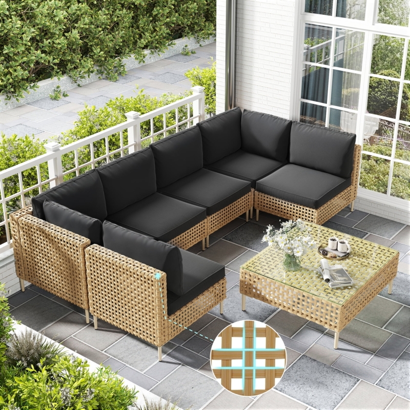 Sectional Sofa 7-Piece Modular Dark Wicker Set, Boho Patio Furniture Ideas