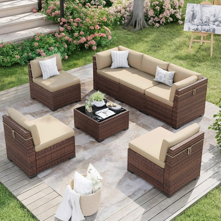 Sectional Sofa 7-Piece Set PE Wicker High Contrast Palette
