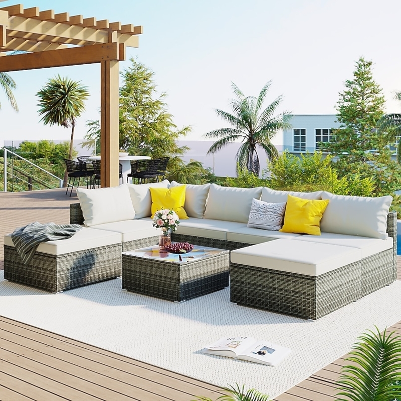 Sectional Sofa 8-Piece Modular Wicker Set with Dual Glass Tables