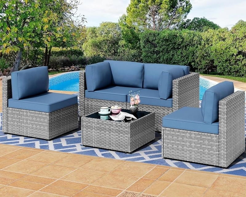 Sectional Sofa Aegean Blue Cushions on Modular Wicker Frame
