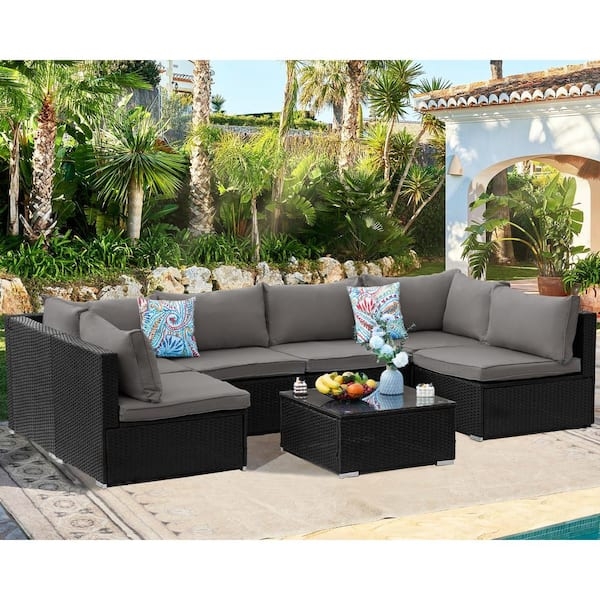 Sectional Sofa Black Wicker Layout with Orange Accent Pillows
