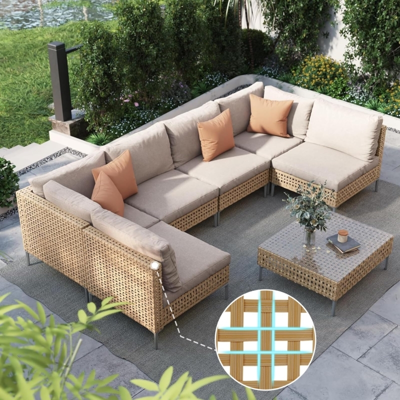 Sectional Sofa Boho Chic Style Cream Wicker Contrast, Deck Lounge Furniture