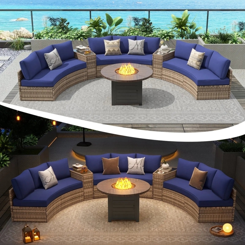 Sectional Sofa Circular Layout Grey Wicker Fire Pit Teal Accents