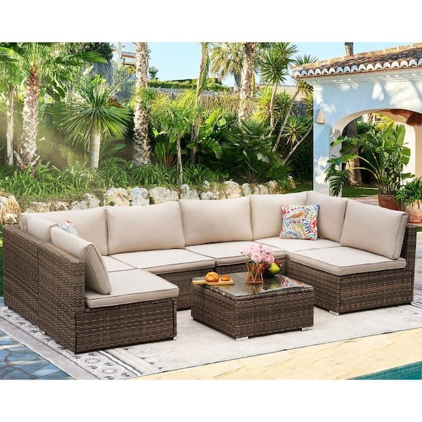 Sectional Sofa Dark Brown Wicker with Beige Cushions and Glass Top