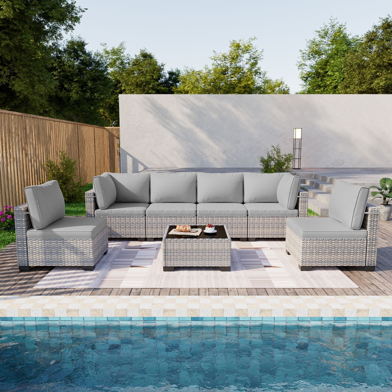 Sectional Sofa Dual Strand Wicker, 7 Piece Set Woven Modular Outdoor