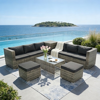 Sectional Sofa Espresso Wicker U-Shaped with Charcoal Cushions
