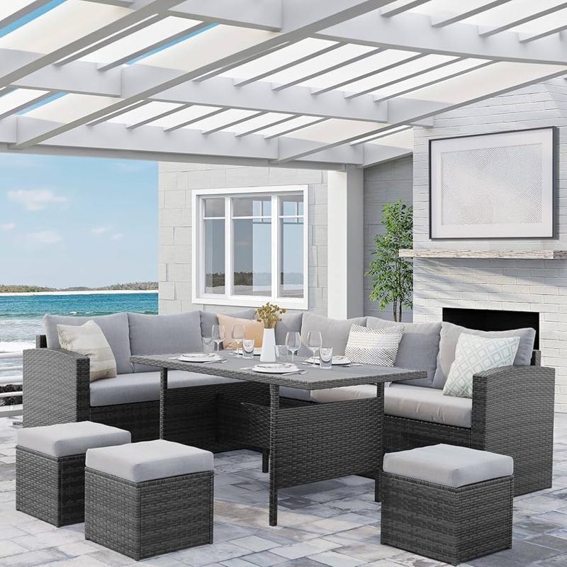 Sectional Sofa Glass Top Table Modern Coastal Rattan Deck Seating