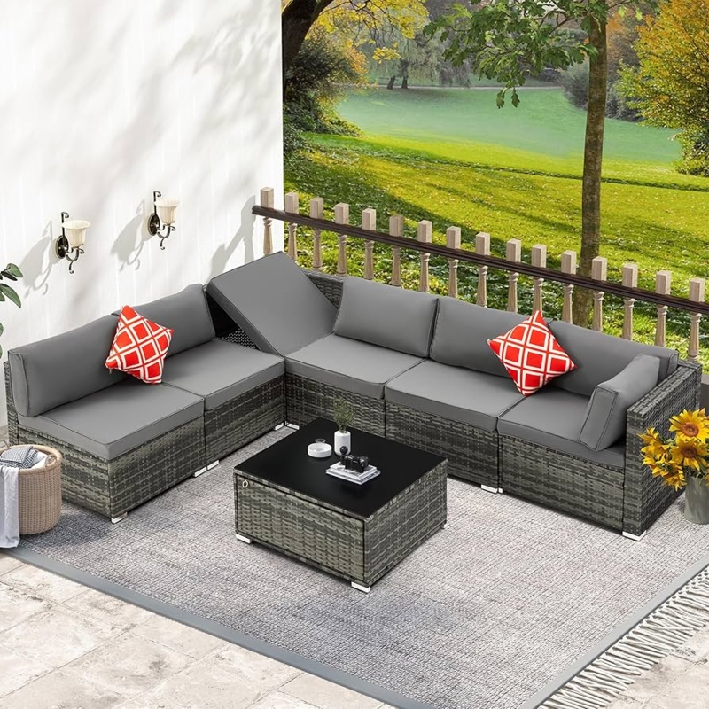 Sectional Sofa Grey Wicker with Blue Accents and Glass Top