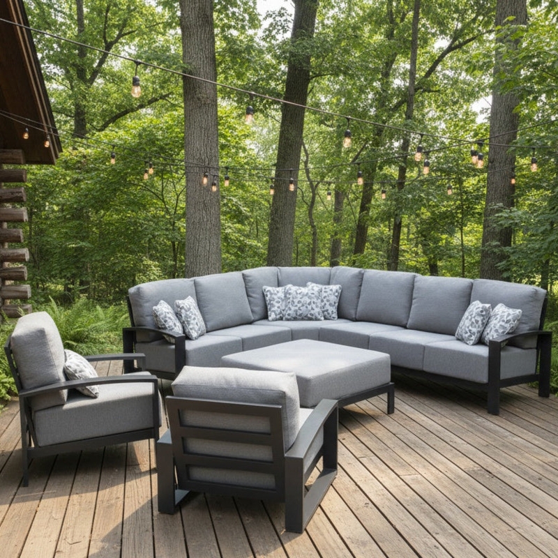 Sectional Sofa Grey Wicker with Fire Pit Table Centerpiece