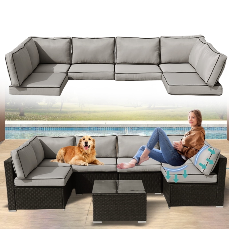 Sectional Sofa High Contrast Palette Black Rattan Glass Top Table, Minimalist
