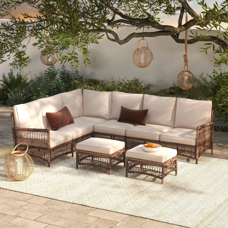 Sectional Sofa L-Shaped Espresso Wicker with Cream Cushions
