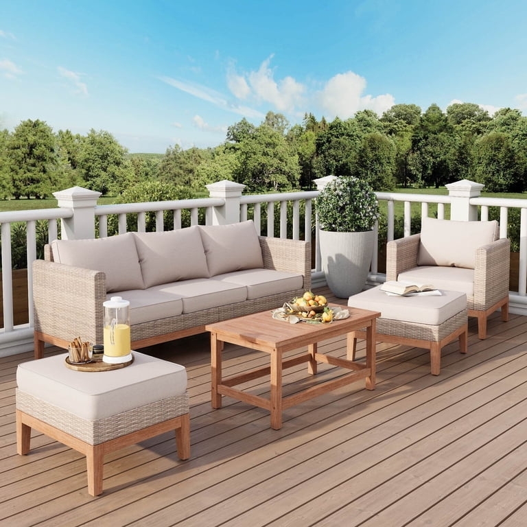Sectional Sofa, Modern Wicker Patio Sectional Set, Wood Legs