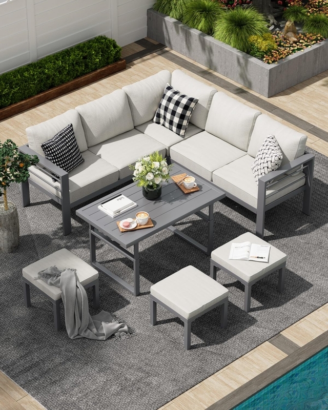 Sectional Sofa Modular 7-Piece Metal Frame with Adjustable Height Table