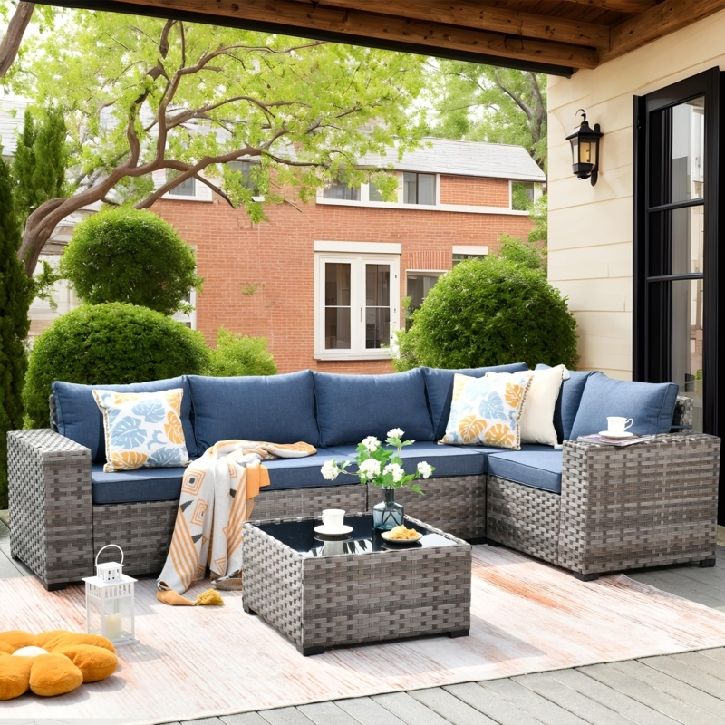 Sectional Sofa Modular Espresso Wicker Deep Seat Denim Blue