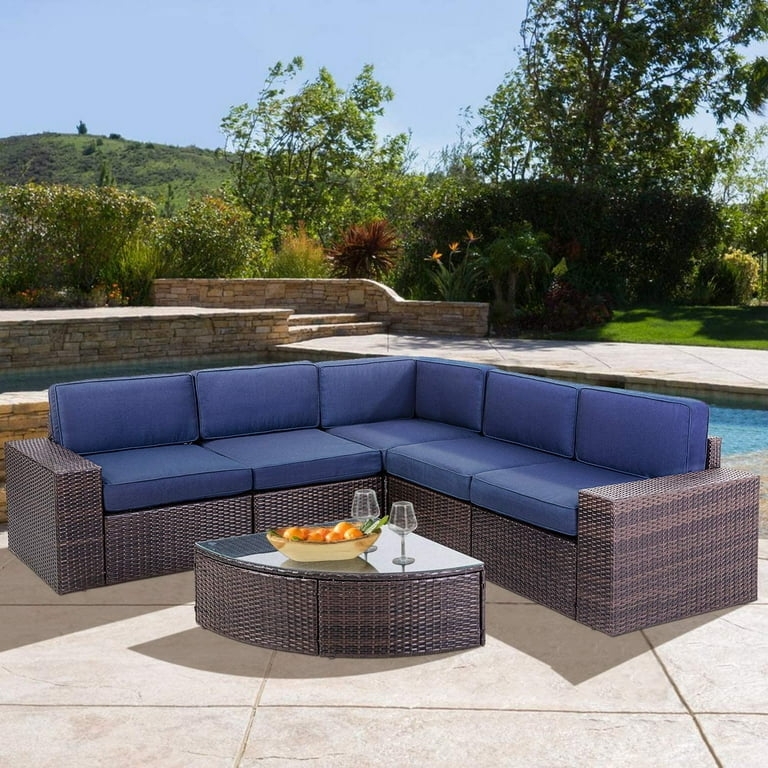 Sectional Sofa Modular Espresso Wicker Navy Blue Cushions Glass Top