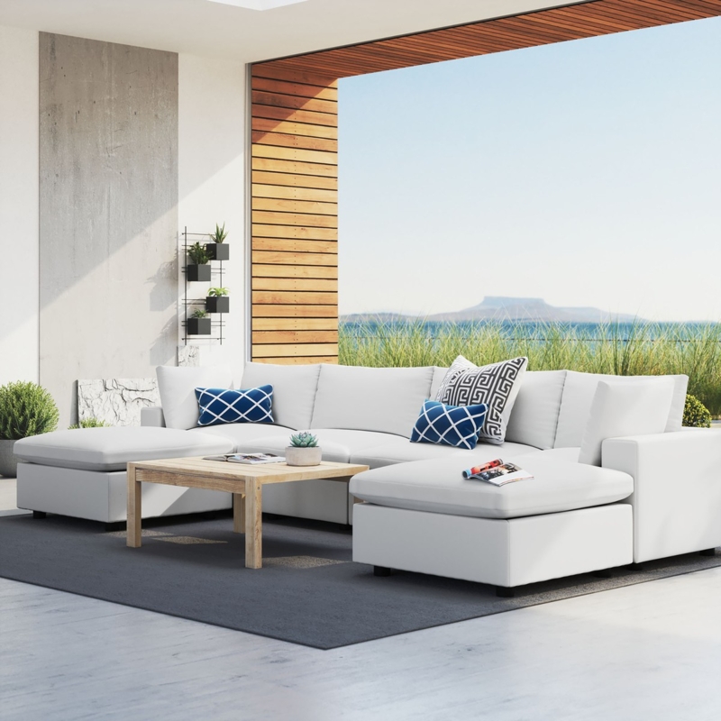 Sectional Sofa Modular Low Profile with White Fabric Upholstery