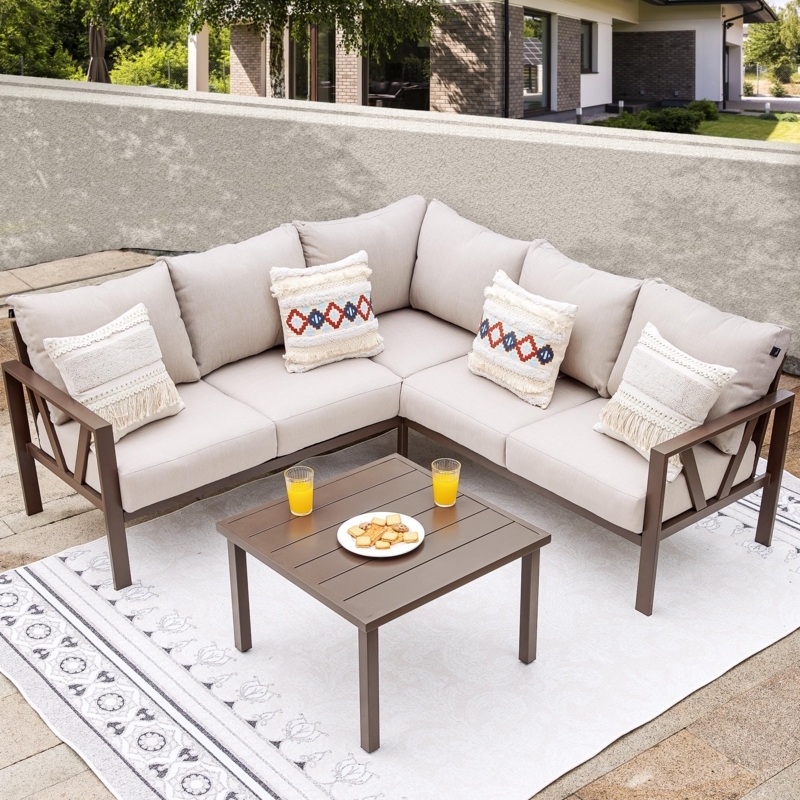 Sectional Sofa Modular Metal L-Shaped Set with Slatted Side Table