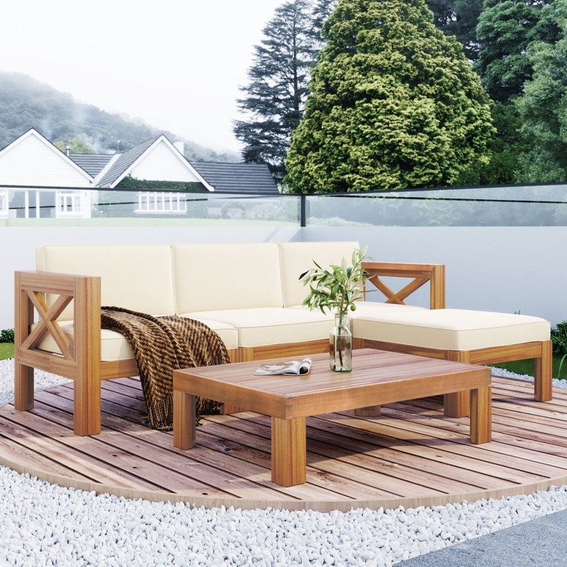 Sectional Sofa, Modular Outdoor Sectional Layout, Wood Toned Frame, Gray