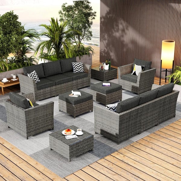 Sectional Sofa Outdoor Gray Wicker Black Cushions 12-Piece Set
