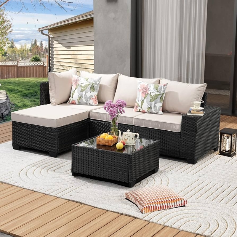 Sectional Sofa Set Wicker with Neutral Beige Cushions and Glass Top