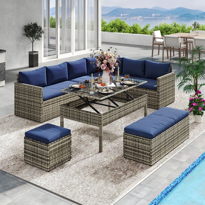 Sectional Sofa Set with Lift-Top Table and Nested Ottomans, Grey Wicker