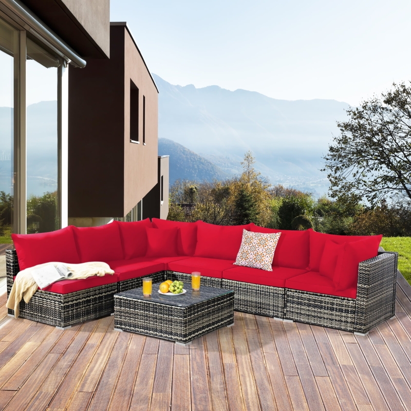 Sectional Sofa Seven Piece Set Woven Rattan Contemporary Lounge Area