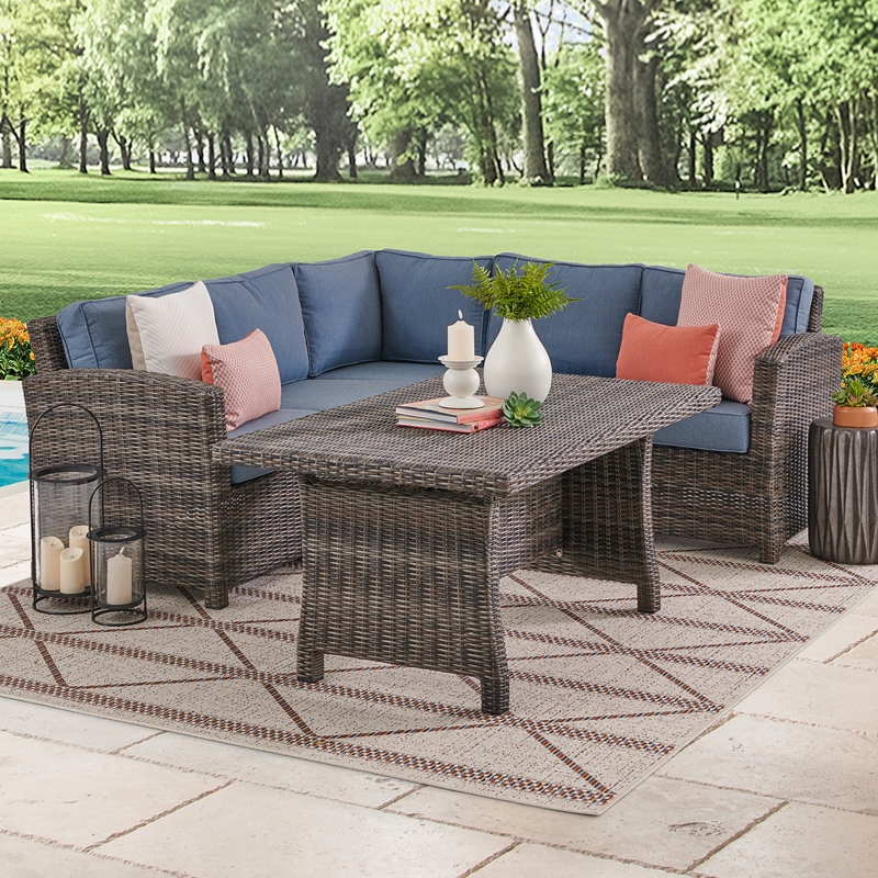 Sectional Sofa Silver Wicker with Denim Blue Cushions and Woven Top