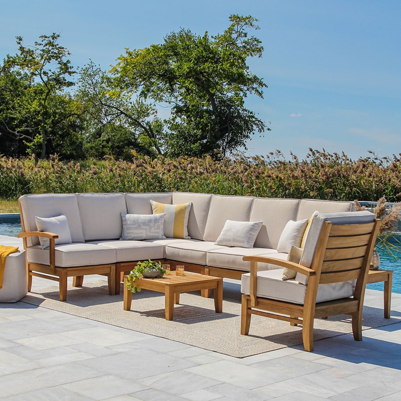 Sectional Sofa Teak Frame Low Profile with Grey Fabric Cushions