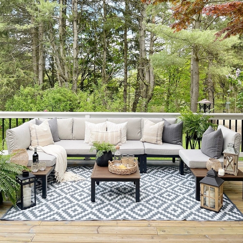 Sectional Sofa U-Shaped with Integrated Fire Pit Grey Cushions