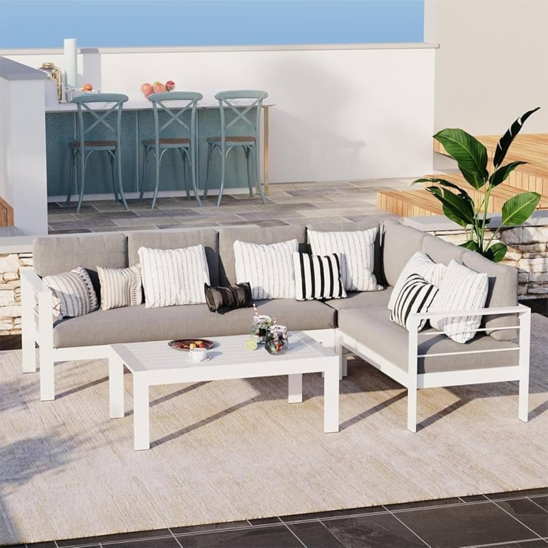 Sectional Sofa White Aluminum L-Shaped Set with Slatted Wood-Tone Table