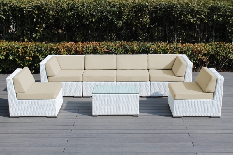 Sectional Sofa White Wicker 7-Piece Modular Set with Charcoal Cushions