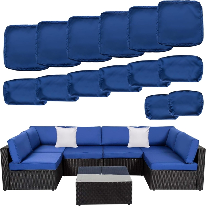 Sectional Sofa Wicker Modular Frame, Navy Blue L-Shaped Design, Coastal