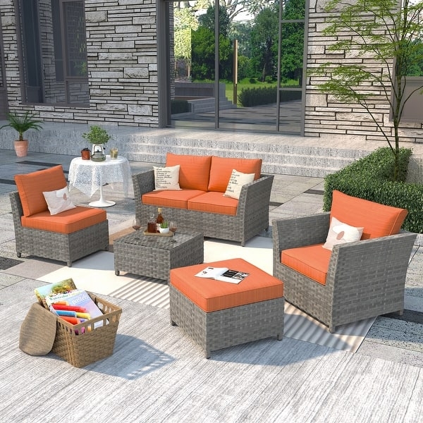 Sectional Sofa Wicker Modular Navy Blue Cushions Patio Set