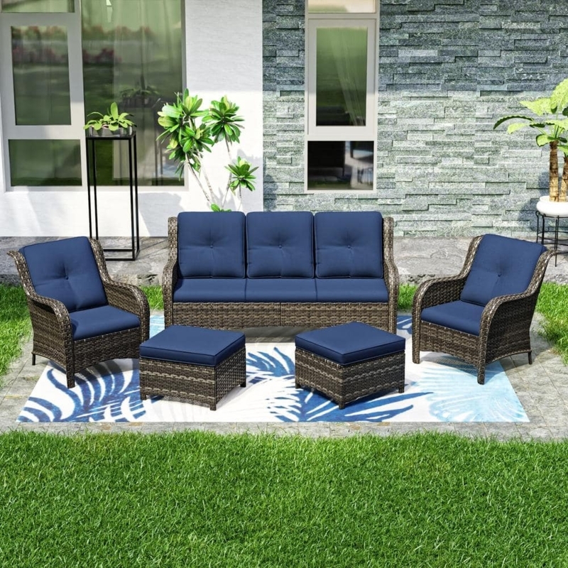 Sectional Sofa Wicker Set with Fire Pit Table and Navy Cushions
