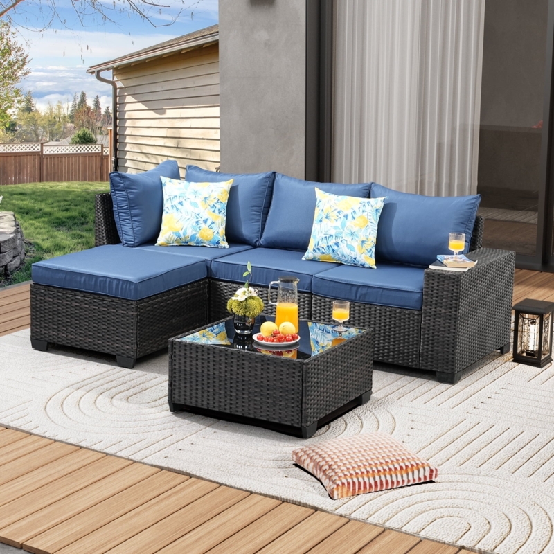 Sectional Sofa Woven Wicker with Navy Cushions for Poolside Seating