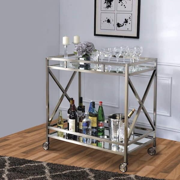 Serving Cart with X-Shaped Sides and Polished Gold Finish