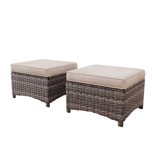Set of 2 Espresso Wicker Outdoor Ottomans with Beige Cushions