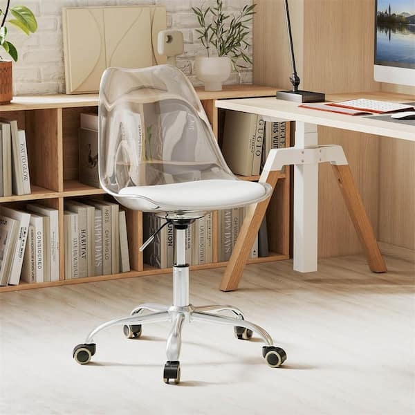 Set of Two Desk Chairs with White Padded Seat and Polished Metal Base