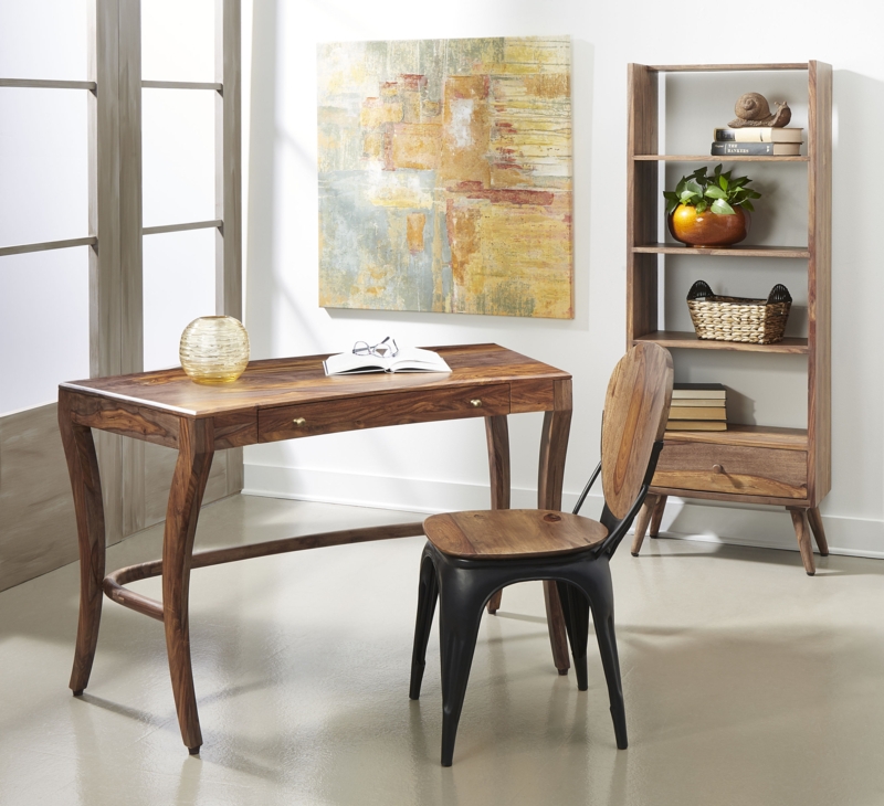 Sheesham Writing Desk Three Drawer Storage Angled Tapered Legs