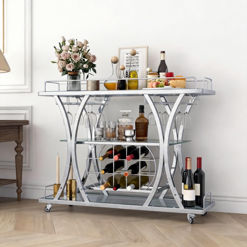 Silver Bar Cart with Circular Wine Rack and Glass Holders