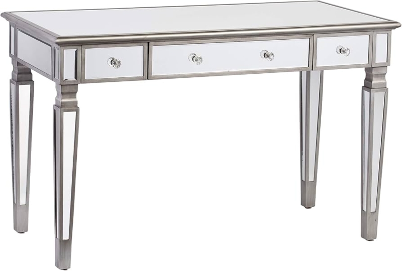 Silver Mirrored Writing Desk with Trestle X-Legs and Three Drawers