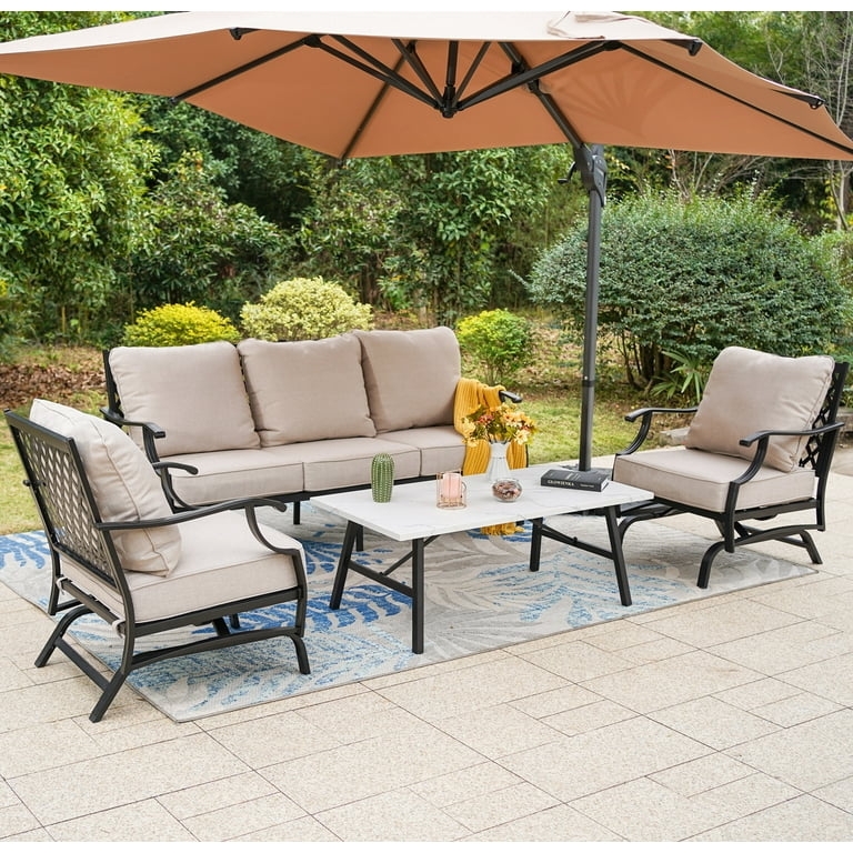 Slat Back Patio Conversation Set: Black Metal Frames, Industrial Style