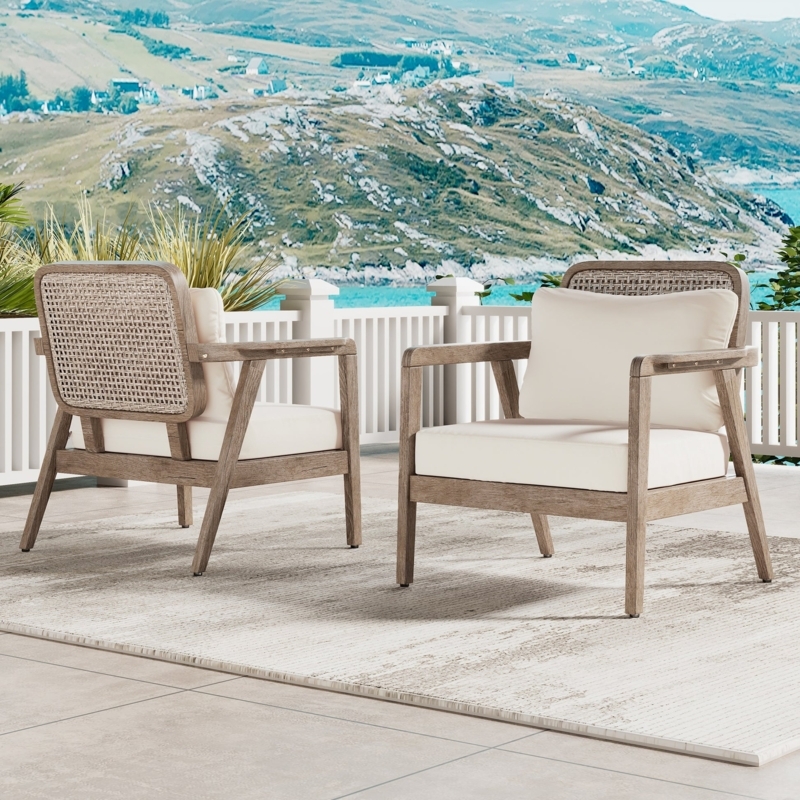 Slatted Acacia Wood Outdoor Club Chair Set with Cushions.