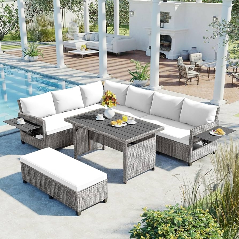 Slatted Tabletop Patio Furniture Set with Bench